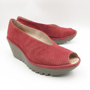 FLY LONDON Yuri Perf Platform Wedge Heels Shoes Red Suede Womens 9